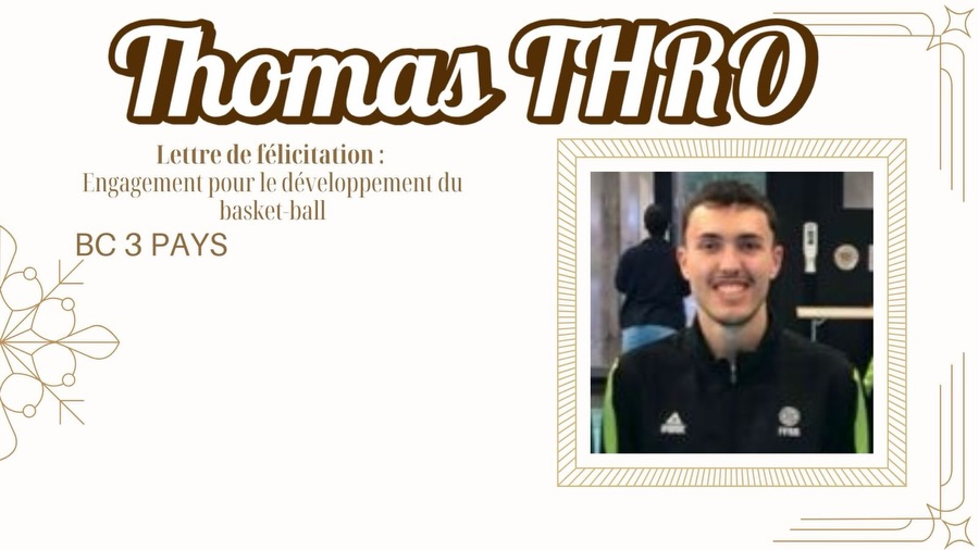 Thomas Thro, félicité pour son engagement dans le développement du basket au BC3Pays.